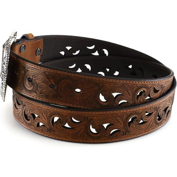 Women\'s Brown Leather Belt with Scroll Cutouts and Interchangeable Buckle
